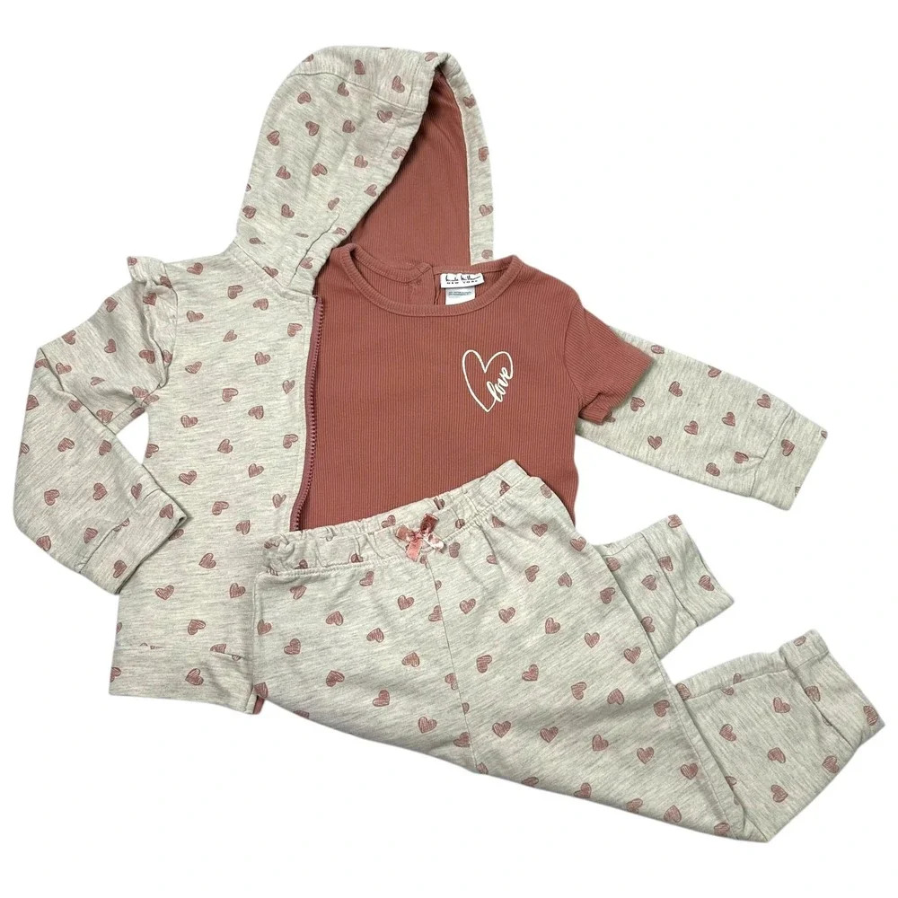 Nicole Miller 3pc Outfit Set Toddler Girls 3T Pink Heart Hoodie Tee Joggers